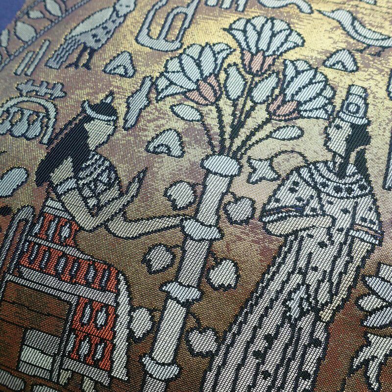 名古屋帯 六通柄 美品 正絹 人物・動物柄 名古屋仕立て 箔 帯 青・紺_画像3