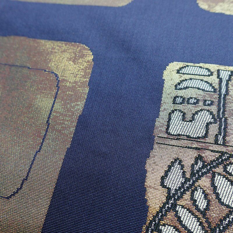 名古屋帯 六通柄 美品 正絹 人物・動物柄 名古屋仕立て 箔 帯 青・紺_画像6