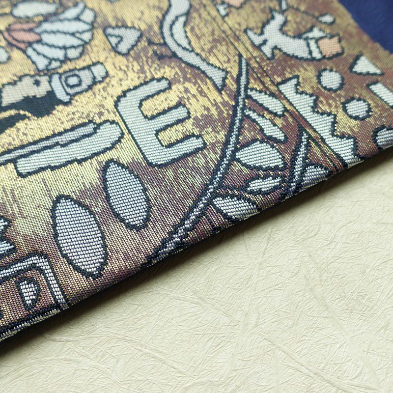 名古屋帯 六通柄 美品 正絹 人物・動物柄 名古屋仕立て 箔 帯 青・紺_画像12