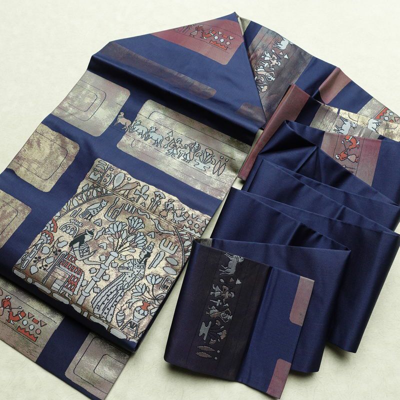 名古屋帯 六通柄 美品 正絹 人物・動物柄 名古屋仕立て 箔 帯 青・紺_画像17