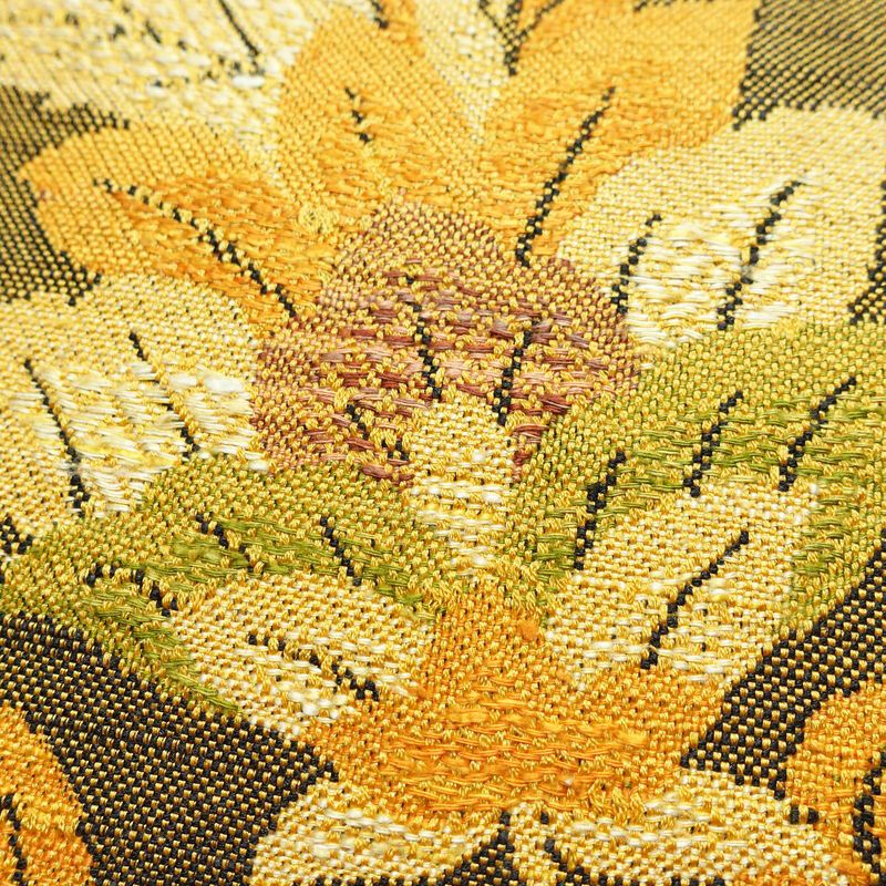 名古屋帯 紬地 六通柄 正絹 木の葉・植物柄 通し仕立て 帯 黄・黄土色_画像3