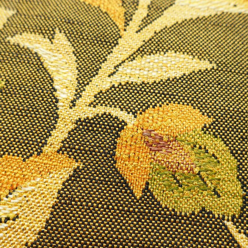 名古屋帯 紬地 六通柄 正絹 木の葉・植物柄 通し仕立て 帯 黄・黄土色_画像5