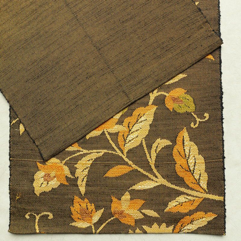 名古屋帯 紬地 六通柄 正絹 木の葉・植物柄 通し仕立て 帯 黄・黄土色_画像13