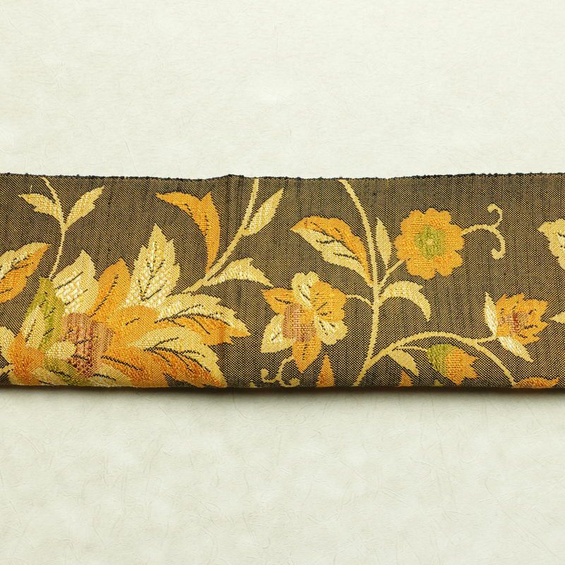 名古屋帯 紬地 六通柄 正絹 木の葉・植物柄 通し仕立て 帯 黄・黄土色_画像14