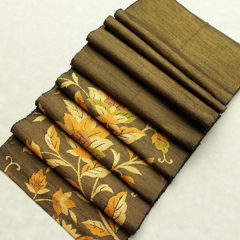 名古屋帯 紬地 六通柄 正絹 木の葉・植物柄 通し仕立て 帯 黄・黄土色_画像20