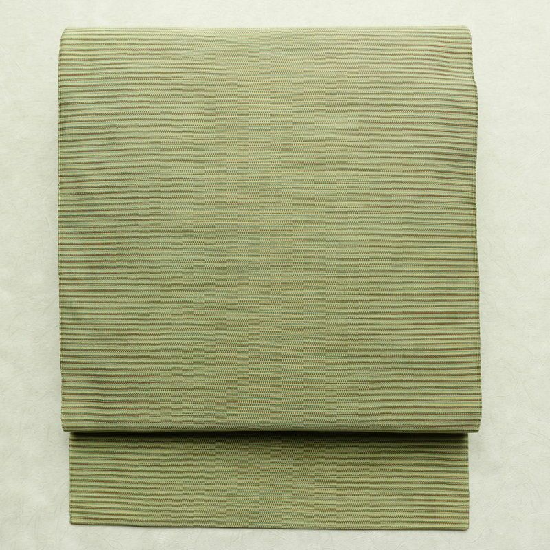 名古屋帯 全通柄 良品 正絹 縞柄・線柄 松葉仕立て 帯 緑・うぐいす色_画像1