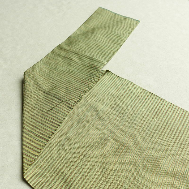 名古屋帯 全通柄 良品 正絹 縞柄・線柄 松葉仕立て 帯 緑・うぐいす色_画像13