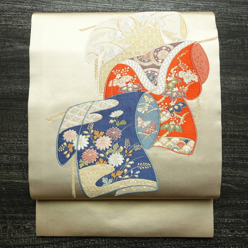 名古屋帯 太鼓柄 良品 正絹 古典柄 通し仕立て 刺繍 金糸 銀糸 帯 ベージュ_画像1