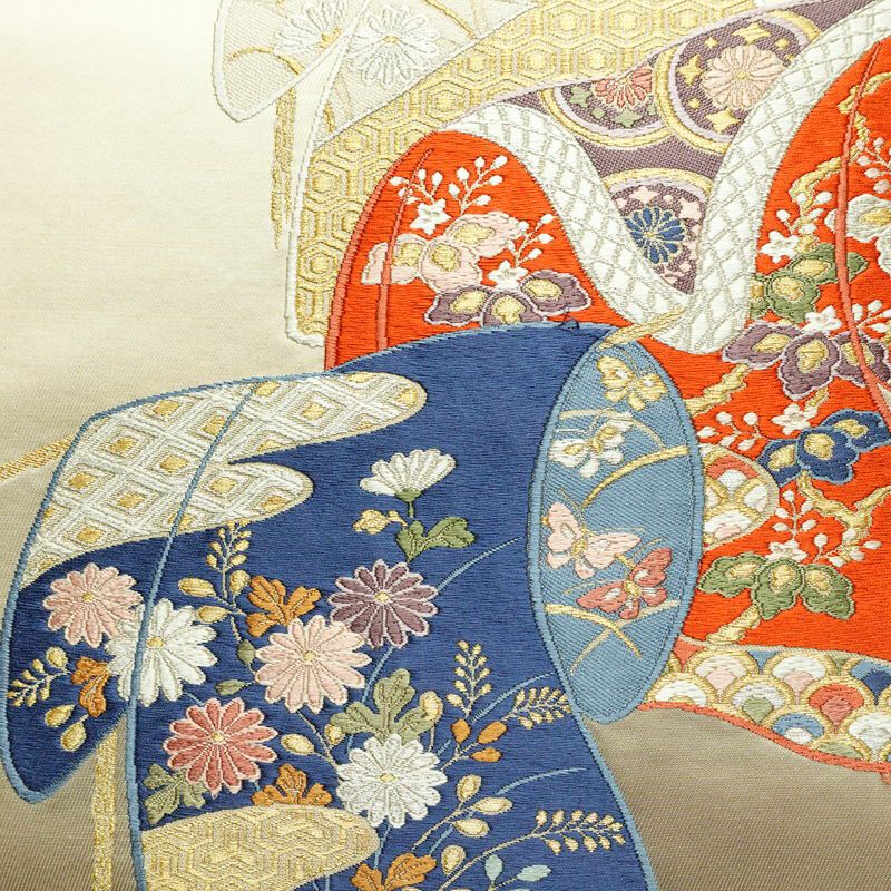 名古屋帯 太鼓柄 良品 正絹 古典柄 通し仕立て 刺繍 金糸 銀糸 帯 ベージュ_画像2