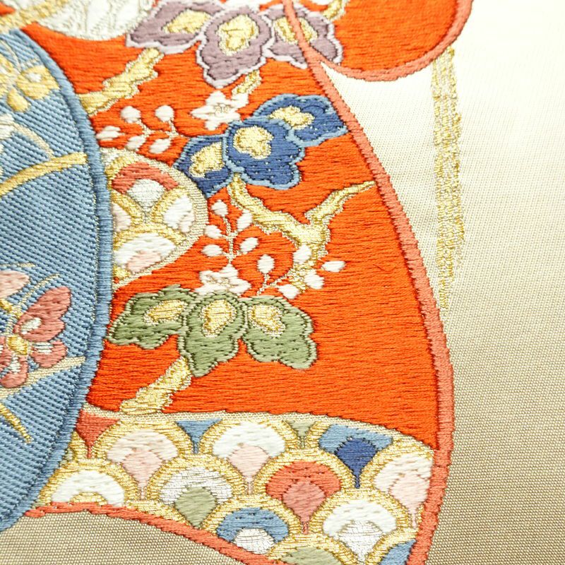 名古屋帯 太鼓柄 良品 正絹 古典柄 通し仕立て 刺繍 金糸 銀糸 帯 ベージュ_画像4