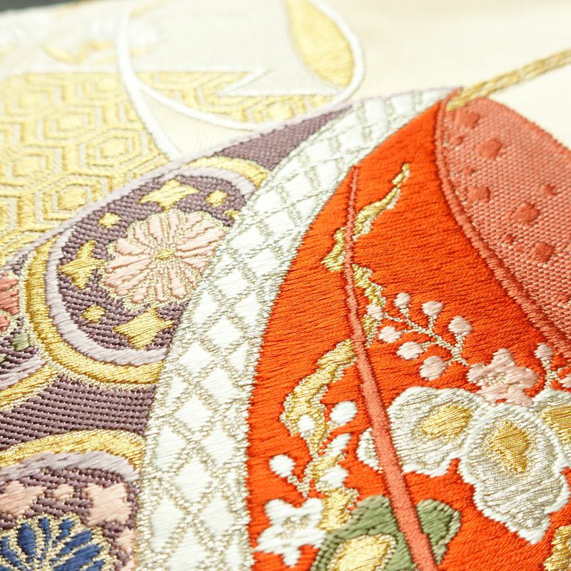 名古屋帯 太鼓柄 良品 正絹 古典柄 通し仕立て 刺繍 金糸 銀糸 帯 ベージュ_画像5