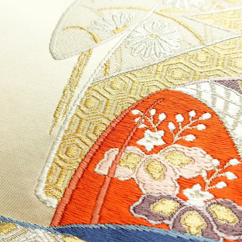名古屋帯 太鼓柄 良品 正絹 古典柄 通し仕立て 刺繍 金糸 銀糸 帯 ベージュ_画像6
