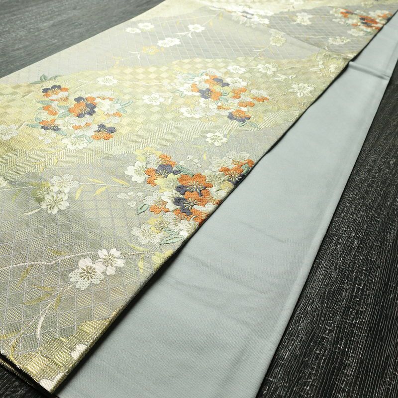 袋帯 六通柄 美品 フォーマル用 正絹 桜 花柄 箔 帯 グレー_画像8