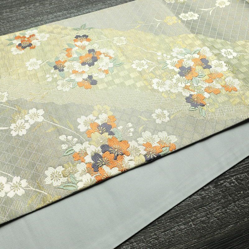袋帯 六通柄 美品 フォーマル用 正絹 桜 花柄 箔 帯 グレー_画像11