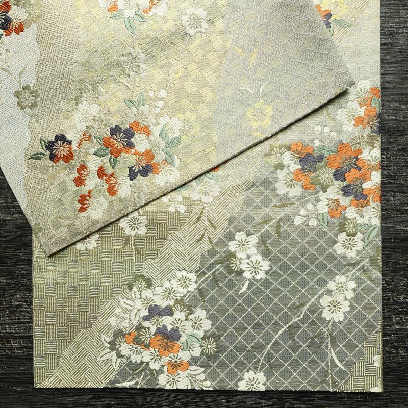 袋帯 六通柄 美品 フォーマル用 正絹 桜 花柄 箔 帯 グレー_画像13