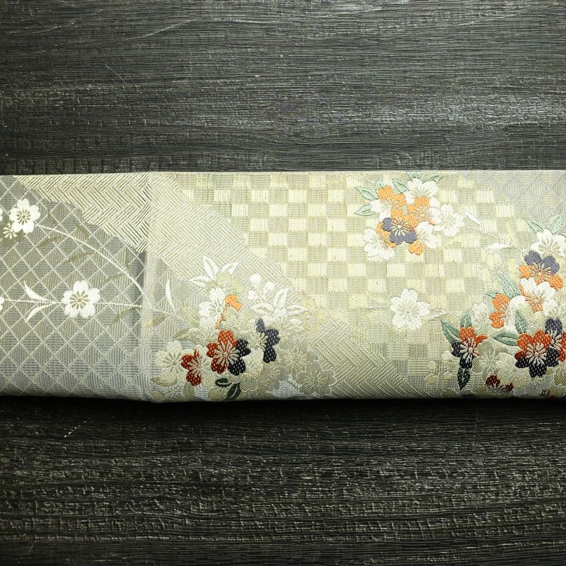 袋帯 六通柄 美品 フォーマル用 正絹 桜 花柄 箔 帯 グレー_画像14