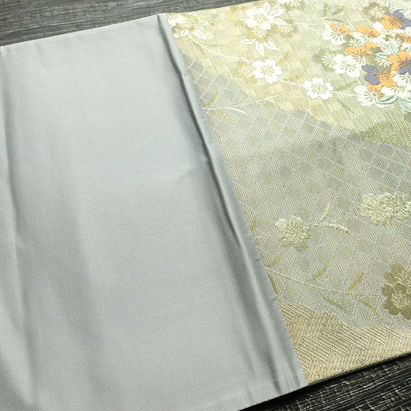 袋帯 六通柄 美品 フォーマル用 正絹 桜 花柄 箔 帯 グレー_画像16