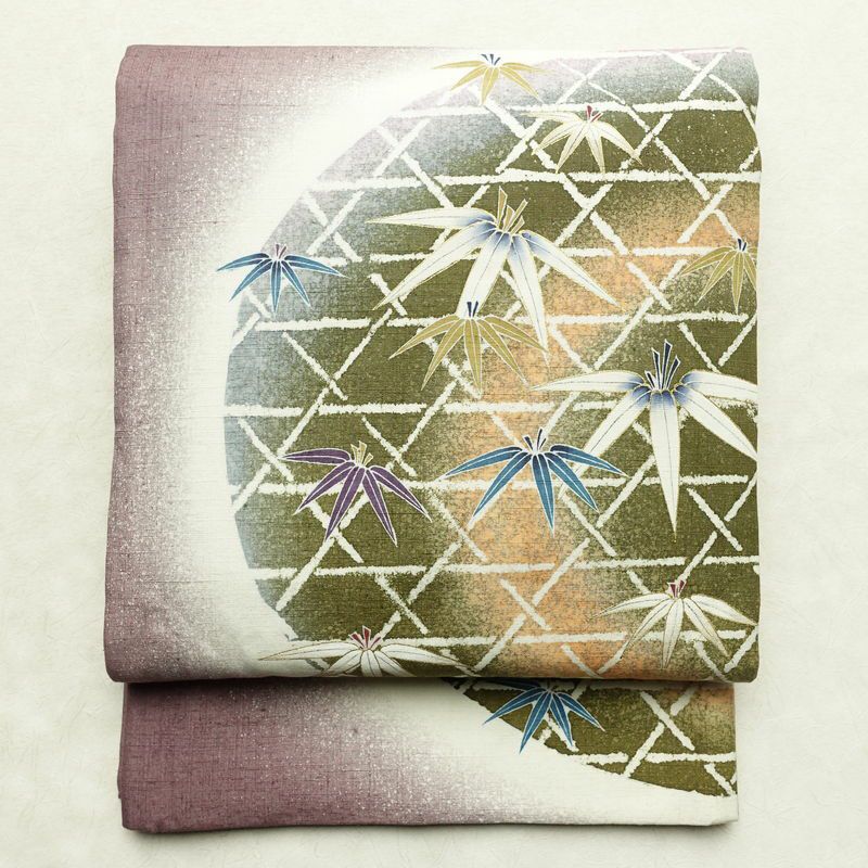 袋帯 太鼓柄 紬地 落款入り 一般用 正絹 木の葉・植物柄 金彩 帯 紫・藤色_画像1