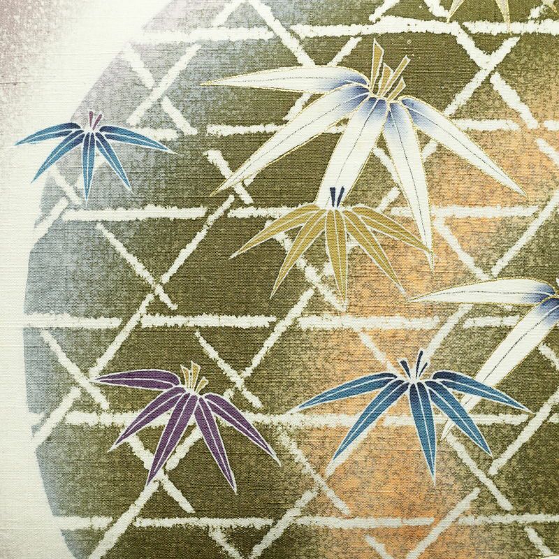 袋帯 太鼓柄 紬地 落款入り 一般用 正絹 木の葉・植物柄 金彩 帯 紫・藤色_画像2