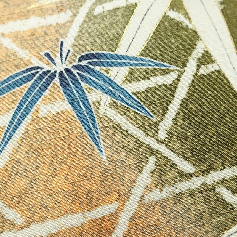 袋帯 太鼓柄 紬地 落款入り 一般用 正絹 木の葉・植物柄 金彩 帯 紫・藤色_画像4