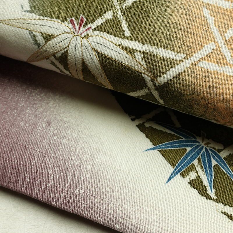 袋帯 太鼓柄 紬地 落款入り 一般用 正絹 木の葉・植物柄 金彩 帯 紫・藤色_画像6