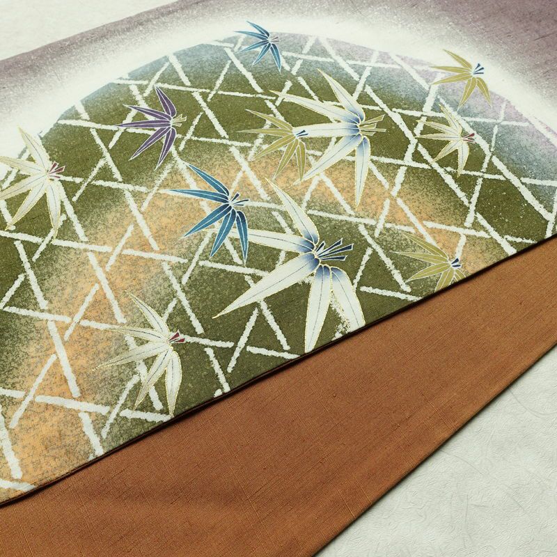 袋帯 太鼓柄 紬地 落款入り 一般用 正絹 木の葉・植物柄 金彩 帯 紫・藤色_画像11