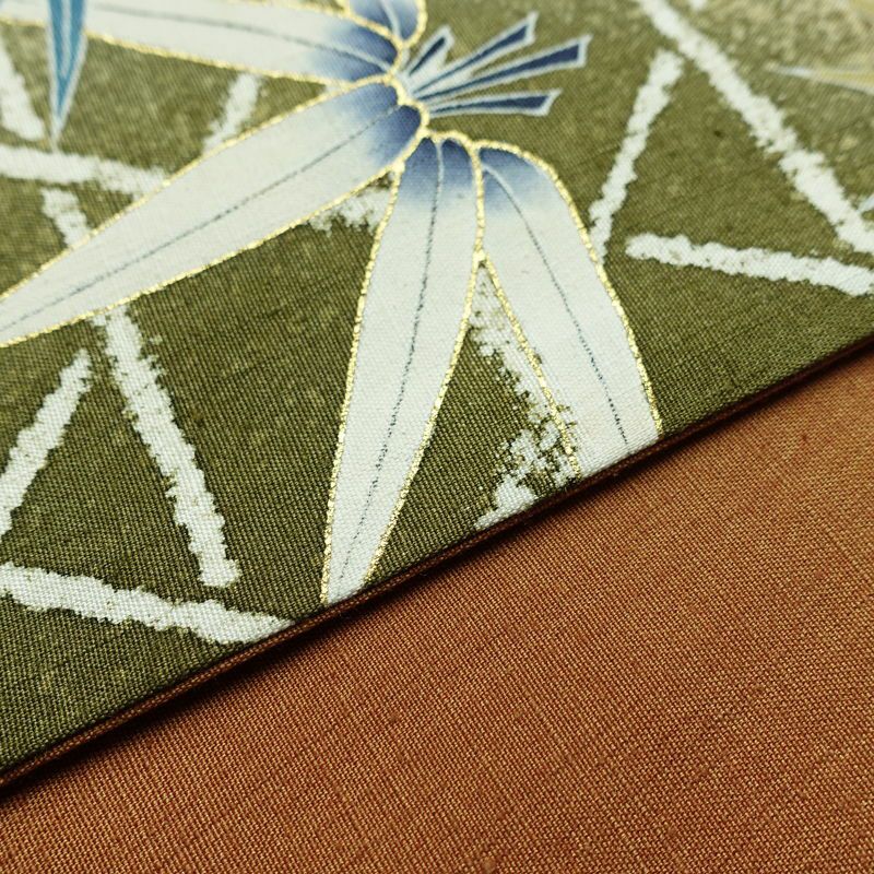 袋帯 太鼓柄 紬地 落款入り 一般用 正絹 木の葉・植物柄 金彩 帯 紫・藤色_画像12