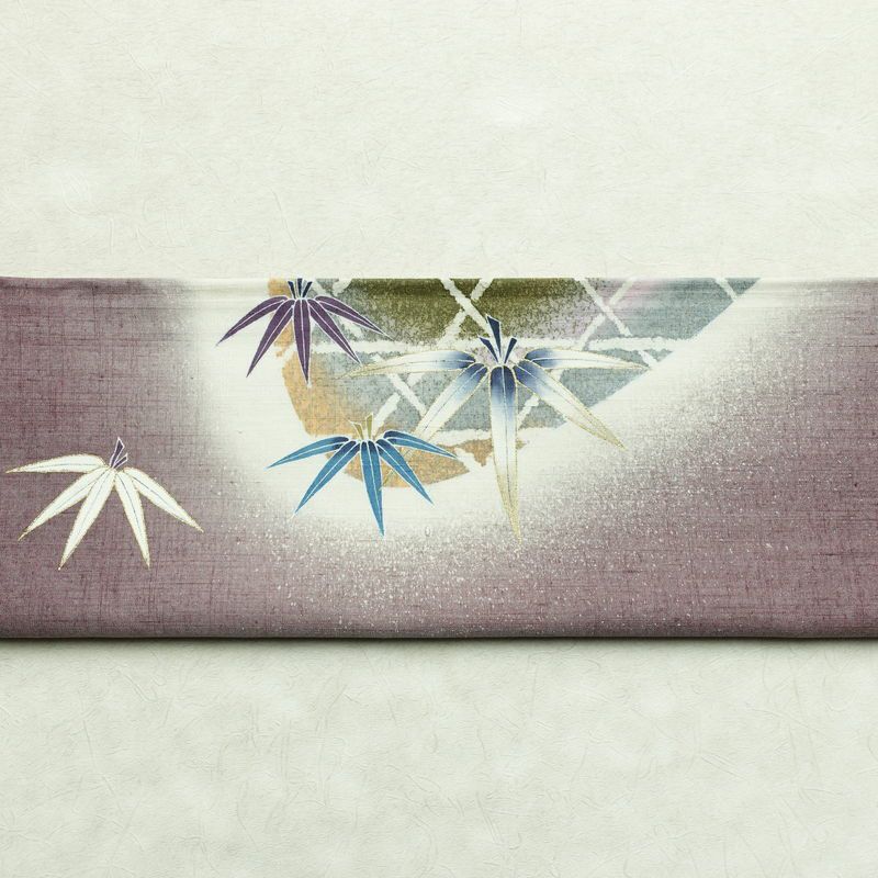 袋帯 太鼓柄 紬地 落款入り 一般用 正絹 木の葉・植物柄 金彩 帯 紫・藤色_画像14
