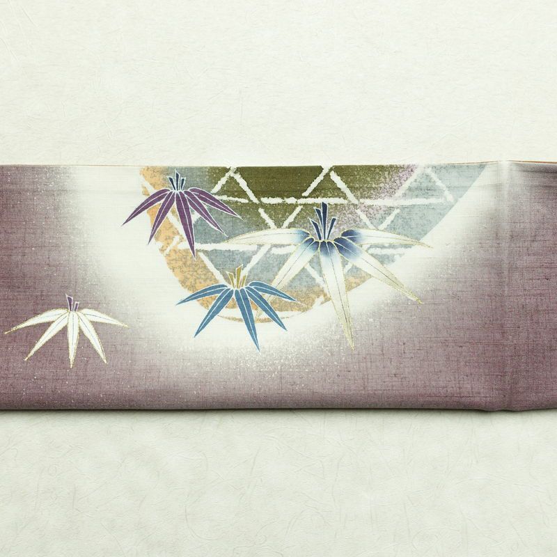 袋帯 太鼓柄 紬地 落款入り 一般用 正絹 木の葉・植物柄 金彩 帯 紫・藤色_画像15