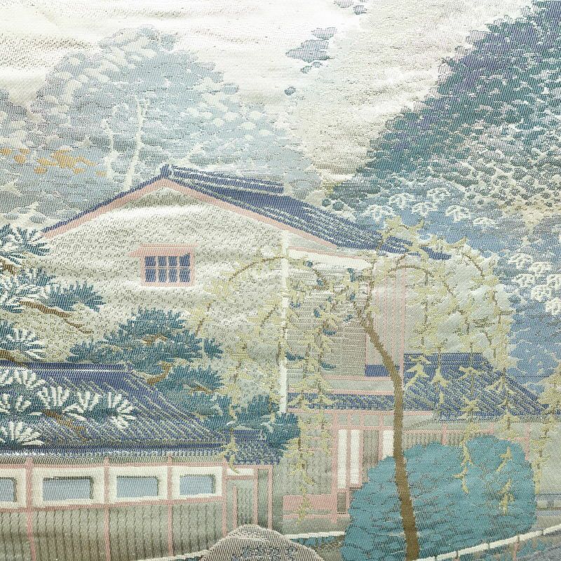 袋帯 祇園新橋辺 名勝百景 六通柄 フォーマル用 正絹 風景柄 箔 帯 白_画像2