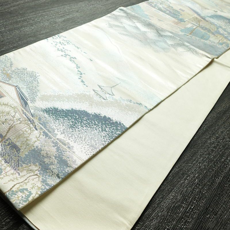 袋帯 祇園新橋辺 名勝百景 六通柄 フォーマル用 正絹 風景柄 箔 帯 白_画像7