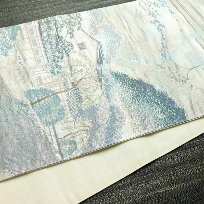 袋帯 祇園新橋辺 名勝百景 六通柄 フォーマル用 正絹 風景柄 箔 帯 白_画像9