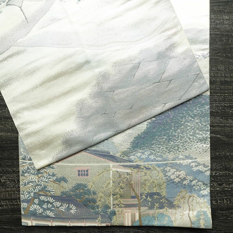 袋帯 祇園新橋辺 名勝百景 六通柄 フォーマル用 正絹 風景柄 箔 帯 白_画像11