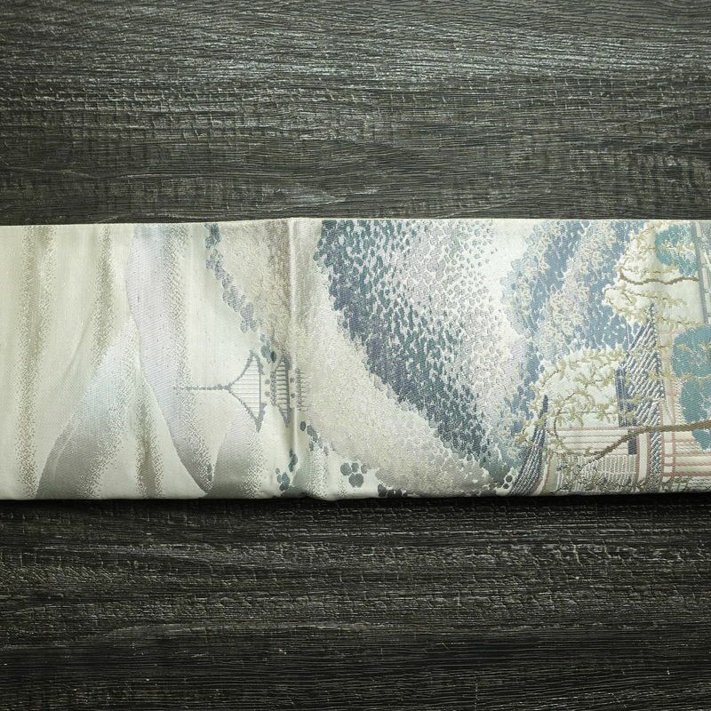 袋帯 祇園新橋辺 名勝百景 六通柄 フォーマル用 正絹 風景柄 箔 帯 白_画像13