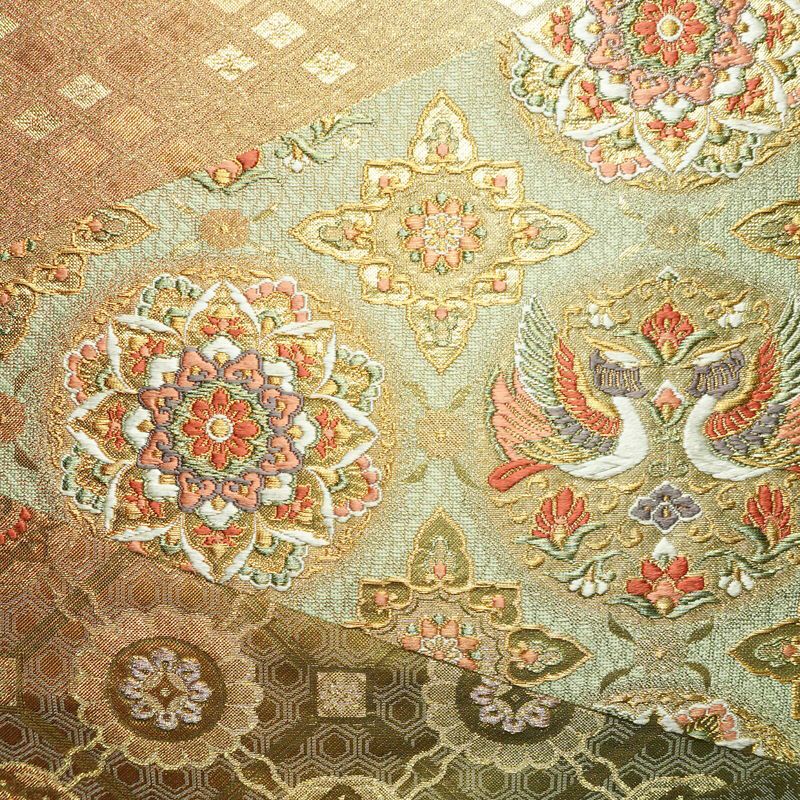 袋帯 六通柄 フォーマル用 正絹 幾何学柄・抽象柄 箔 金糸 帯 緑・うぐいす色_画像2