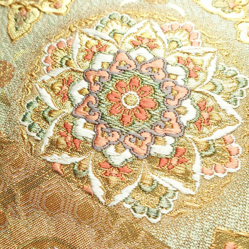 袋帯 六通柄 フォーマル用 正絹 幾何学柄・抽象柄 箔 金糸 帯 緑・うぐいす色_画像3