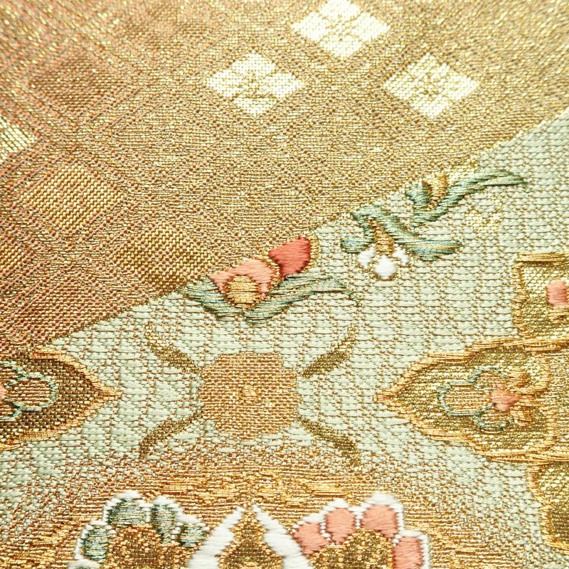 袋帯 六通柄 フォーマル用 正絹 幾何学柄・抽象柄 箔 金糸 帯 緑・うぐいす色_画像6