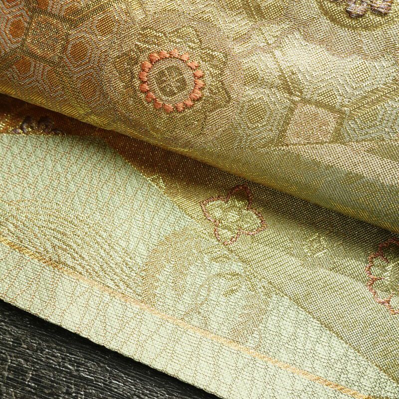 袋帯 六通柄 フォーマル用 正絹 幾何学柄・抽象柄 箔 金糸 帯 緑・うぐいす色_画像7