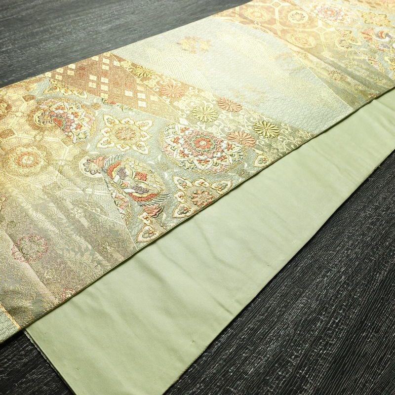 袋帯 六通柄 フォーマル用 正絹 幾何学柄・抽象柄 箔 金糸 帯 緑・うぐいす色_画像8