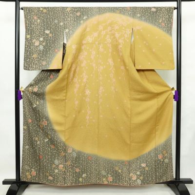 訪問着 正絹 花柄 袷仕立て 身丈159cm 裄丈65cm 箔 金彩 フォーマル 着物 黄・黄土色