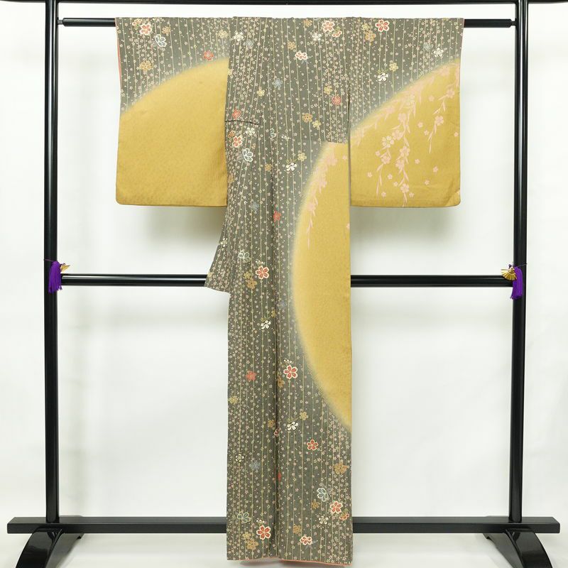 訪問着 正絹 花柄 袷仕立て 身丈159cm 裄丈65cm 箔 金彩 フォーマル 着物 黄・黄土色_画像2