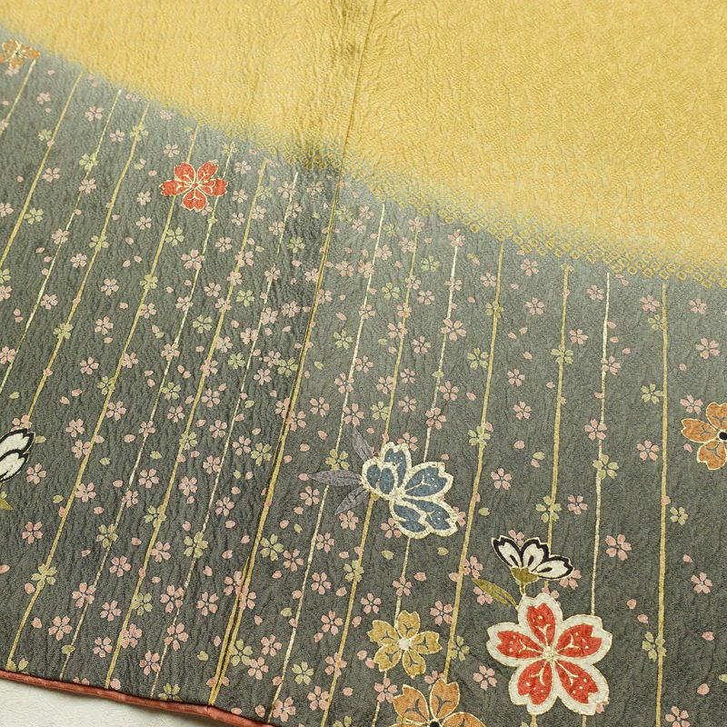 訪問着 正絹 花柄 袷仕立て 身丈159cm 裄丈65cm 箔 金彩 フォーマル 着物 黄・黄土色_画像12