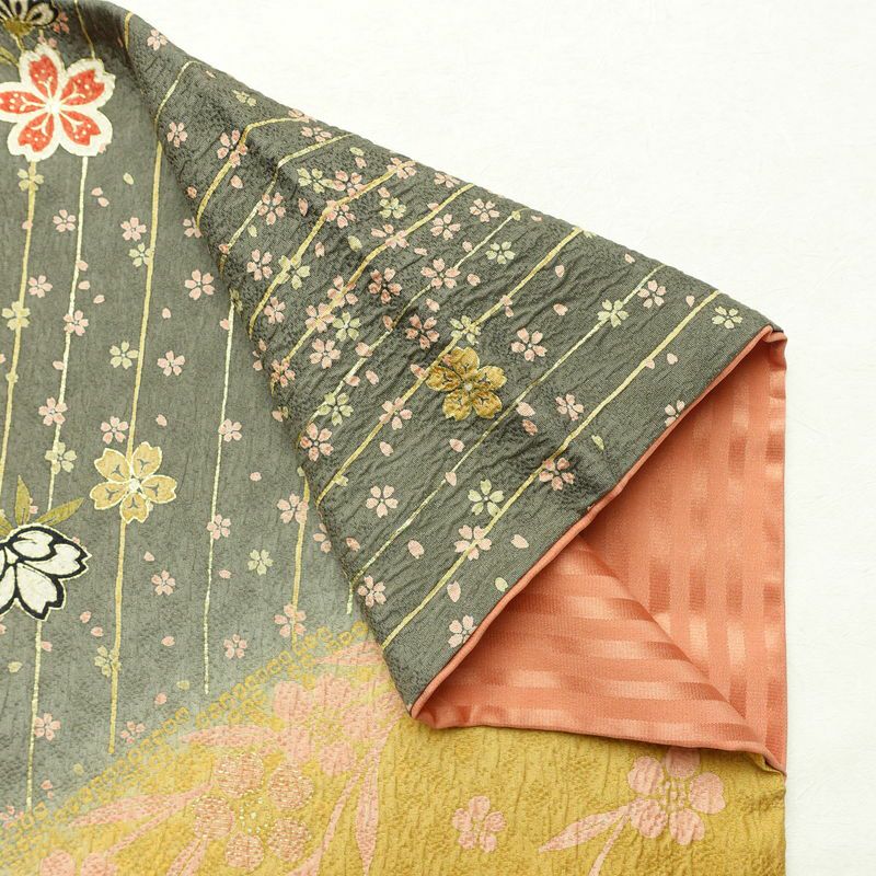 訪問着 正絹 花柄 袷仕立て 身丈159cm 裄丈65cm 箔 金彩 フォーマル 着物 黄・黄土色_画像14