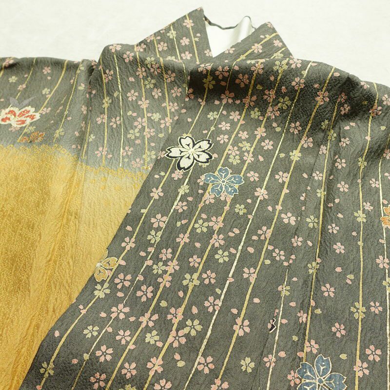 訪問着 正絹 花柄 袷仕立て 身丈159cm 裄丈65cm 箔 金彩 フォーマル 着物 黄・黄土色_画像16