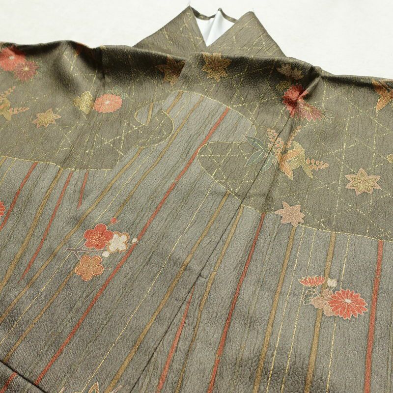 訪問着 良品 正絹 古典柄 袷仕立て 身丈166.5cm 裄丈69.5cm 一部しつけ糸付き 金彩 フォーマル 着物 緑・うぐいす色_画像17