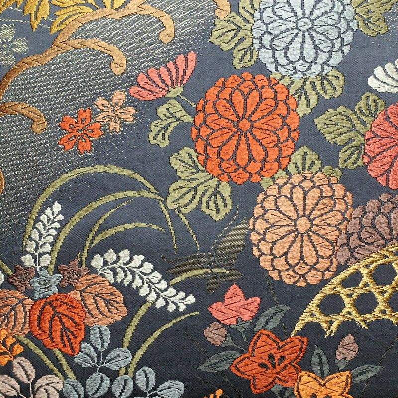 袋帯 六通柄 フォーマル用 正絹 木の葉・植物柄 金糸 帯 青・紺_画像2