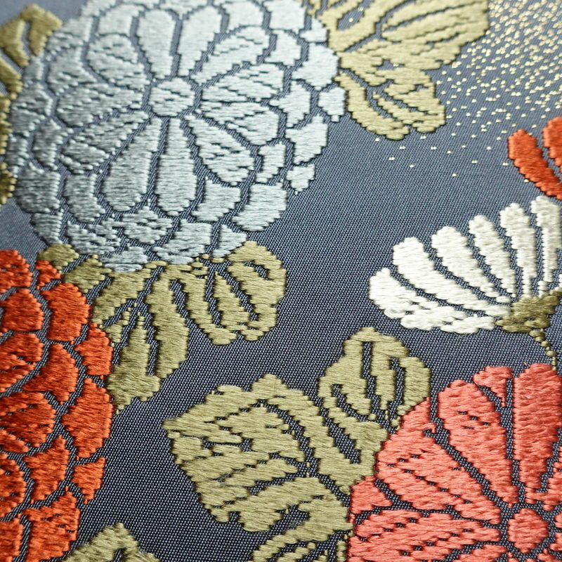 袋帯 六通柄 フォーマル用 正絹 木の葉・植物柄 金糸 帯 青・紺_画像4