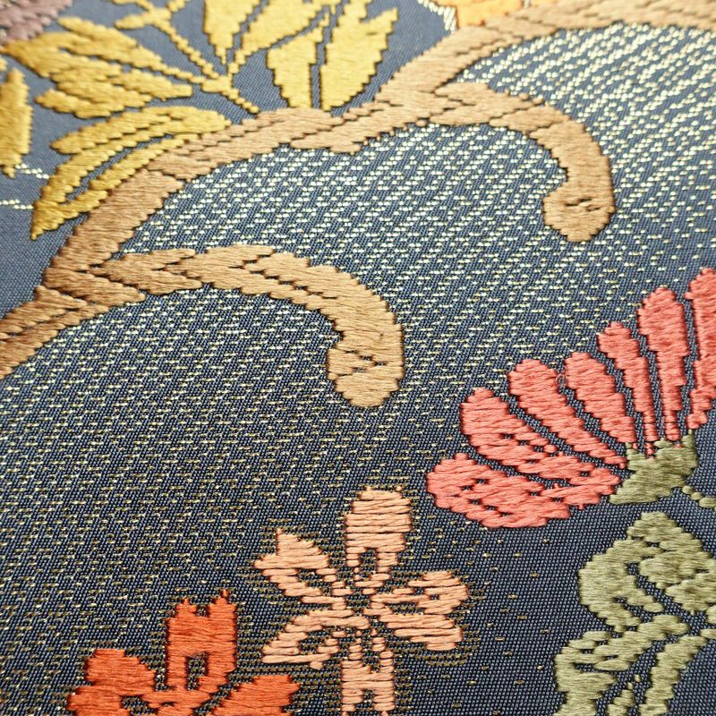 袋帯 六通柄 フォーマル用 正絹 木の葉・植物柄 金糸 帯 青・紺_画像5