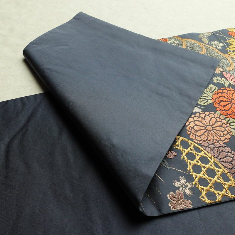 袋帯 六通柄 フォーマル用 正絹 木の葉・植物柄 金糸 帯 青・紺_画像9