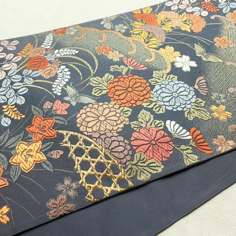 袋帯 六通柄 フォーマル用 正絹 木の葉・植物柄 金糸 帯 青・紺_画像11